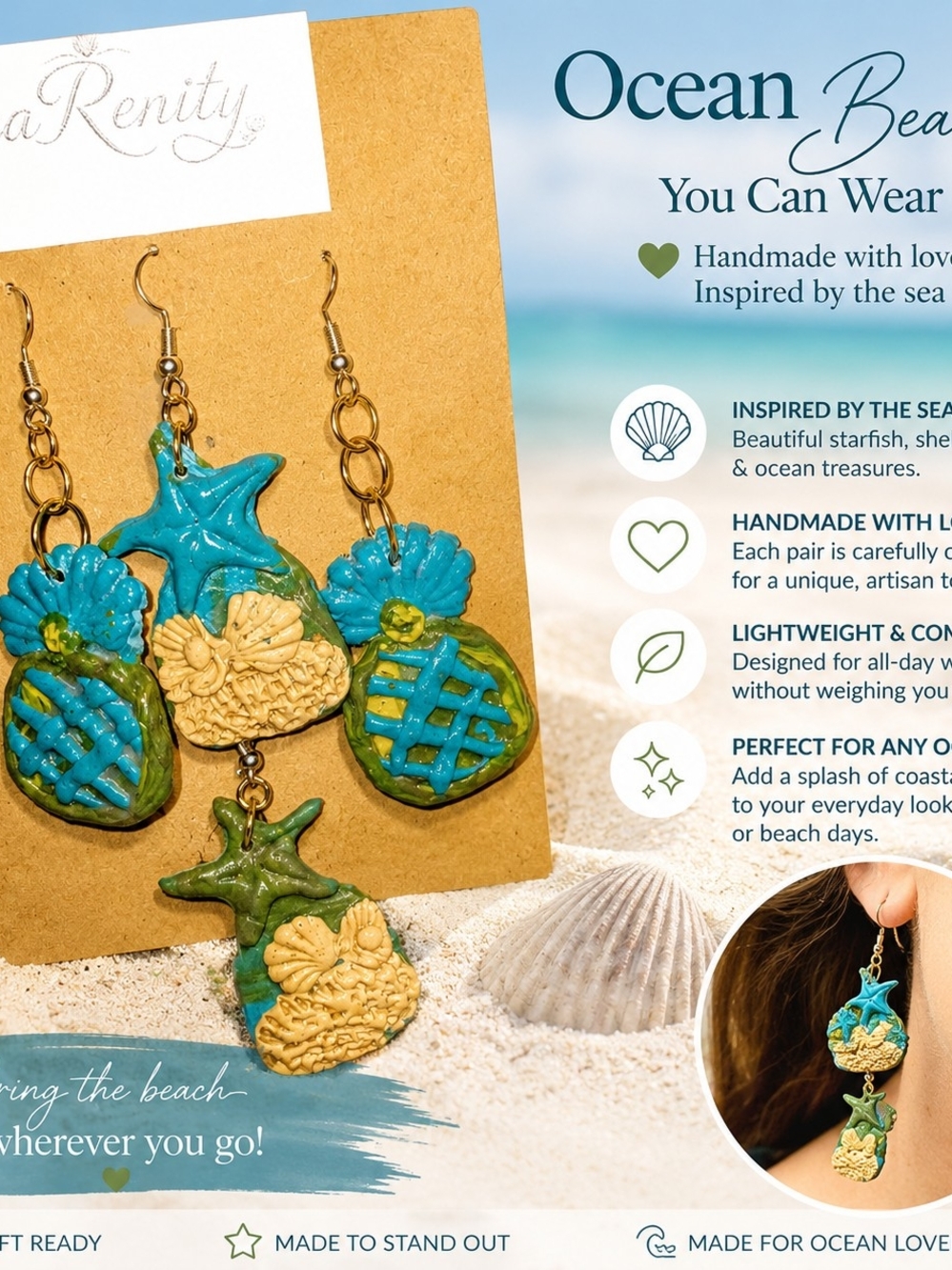 Handmade Ocean Beach Turquoise & Green Starfish Drop Earrings With Keychain
